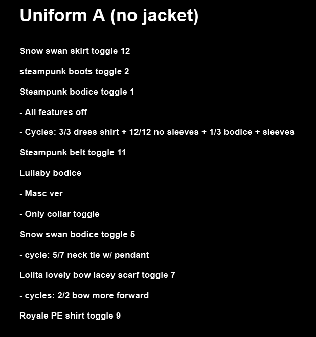 Alien_Enzi's tweet photo. Here is a cute uniform dress combo I made and wanna share with others (and bonus, no toy items are needed!)
(items and toggles are after images of each uniforms version)

I hope y'all like them :3 https://t.co/Hqz4l1Nnk9