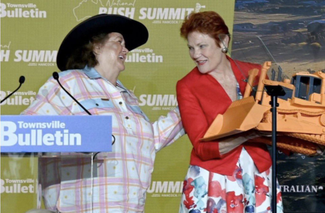 Kate3015's tweet photo. I’m rather confused as to how Gina Rhinehart’s statements at the Bush Summit fit with her number politician - Pauline Hanson’s views on foreign ownership. 

In her speech (full transcript available on her Hancock Prospecting site), Rinehart advocated for offering free or incentivised land in northern Queensland (near Townsville or Prairie) as part of efforts to attract investment, jobs, and defence capabilities. Key points include:

•  Free land + transport/support for skilled Israeli defence specialists and families to manufacture advanced war drones, missile defence systems (e.g., improving Israeli-style domes), and related tech in Australia.

•  Similar incentives for Elon Musk’s SpaceX (e.g., islands near Townsville for satellite/rocket work).

•  Free land/tax holidays for Taiwanese microchip manufacturing. 

Why should we be giving free anything to foreigners, particularly free land! 

Seriously have you been to Prairie??  It is in the middle of nowhere! Way less than a hundred people live there.