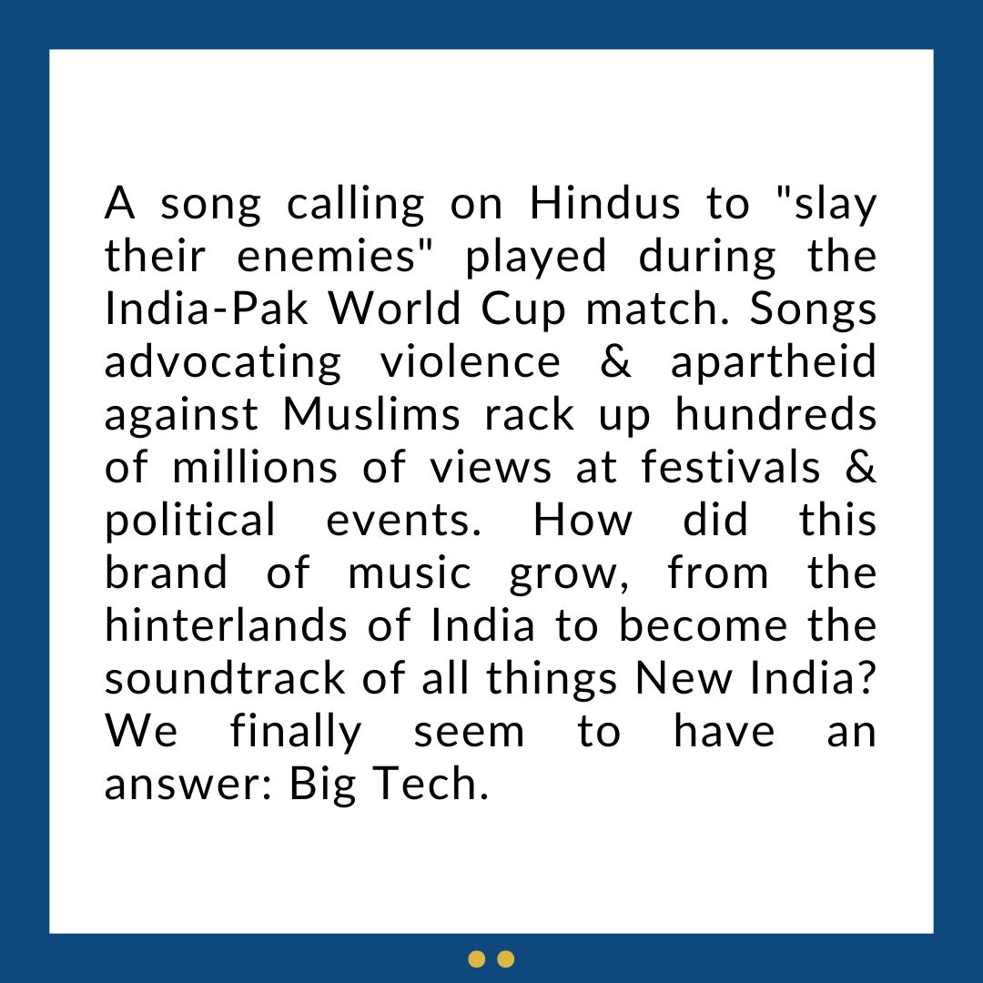 Article14live's tweet photo. A song calling on Hindus to "slay their enemies" played during the India-Pak World Cup match. Songs advocating violence & apartheid against Muslims rack up hundreds of millions of views

Subscribe to read @kunalpurohit’s edit note on how Big Tech is profiting from #Hindutva hate music https://t.co/tOi1ZgP0Ph