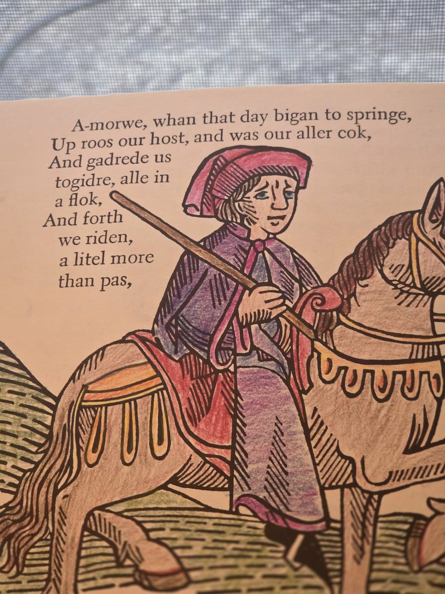 SketchesbyBoze's tweet photo. Obsessed with this Canterbury Tales coloring book (1973) with excerpts from the original Middle English. https://t.co/mNbqPkb31F