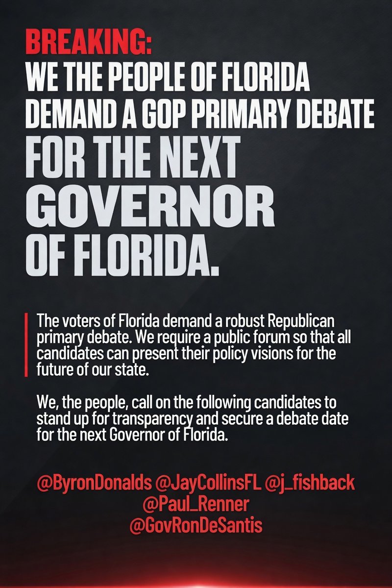 CruzinAhead's tweet photo. Republican voters want a primary gubernatorial debate between all the candidates!

@JayCollinsFL @Paul_Renner @j_fishback @ByronDonalds @TheFLGOP @EvanPower https://t.co/HiiA6p4WZk