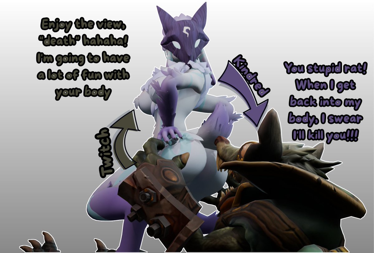 T0ko_05's tweet photo. There's now a bit of a body swap between Twitch and Kindred from League of Legends. When Twitch refers to Kindred as "dead," it's because, according to the game's lore, Kindred represents the personification of death.

#bodyswap #入れ替わり #TSF #3D #blender #Furry https://t.co/u88wGlYp41