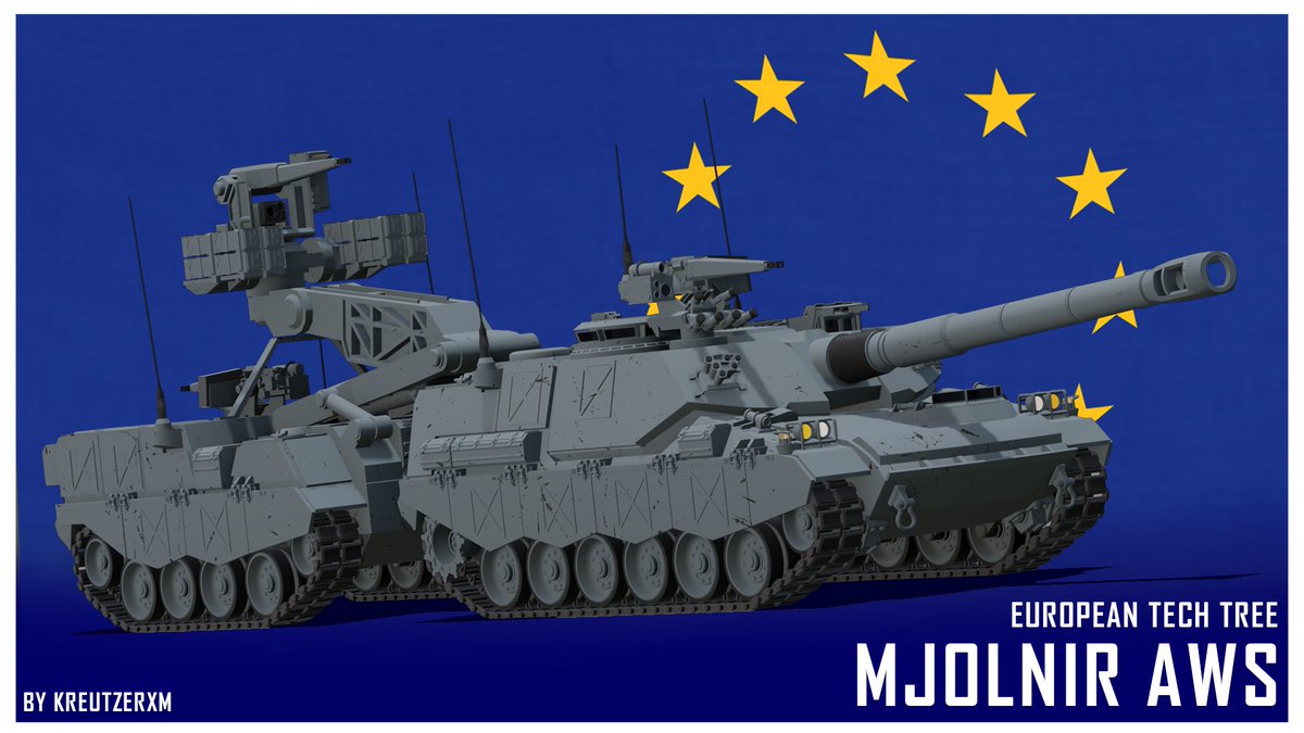 KreutzerXM's tweet photo. Mjolnir Articulated weapon system.

When the vanguard had proven unable to fight the T-22 Ursa, the Western European powers returned to a reliable power: Sweden. The Swedes had experience mounting the large 140mm gun on their various tank prototypes, but the Mjolnir was unlike any prototype the Swedes had ever designed. The Europeans needed an ambush tank, a siege tank, something that could wait and punch through Russian armour, but also not require an entire ecosystem of support systems. That made it vulnerable to Russian drones.

ofc it's @shatheniceone 
(Reupload, found a mistake)