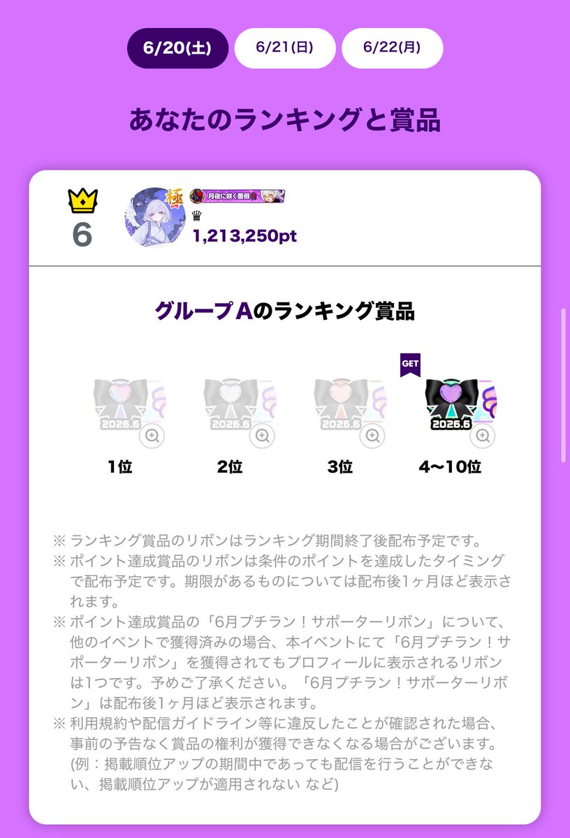 mi___0___n's tweet photo. 2026.6.20
令和ギャル配信者編ランキング
グループA 6位 1,213,250pt

僕といえば！！！
ギャルと言われるので欲しかった𐐃 ·̫ 𐐃
わがまま言いましたでもTOP10取れて幸です。
チアリセ前なのにたいへんありがとうございます。

お嬢様とギャルどっち派？ https://t.co/fCJuEjwrE6