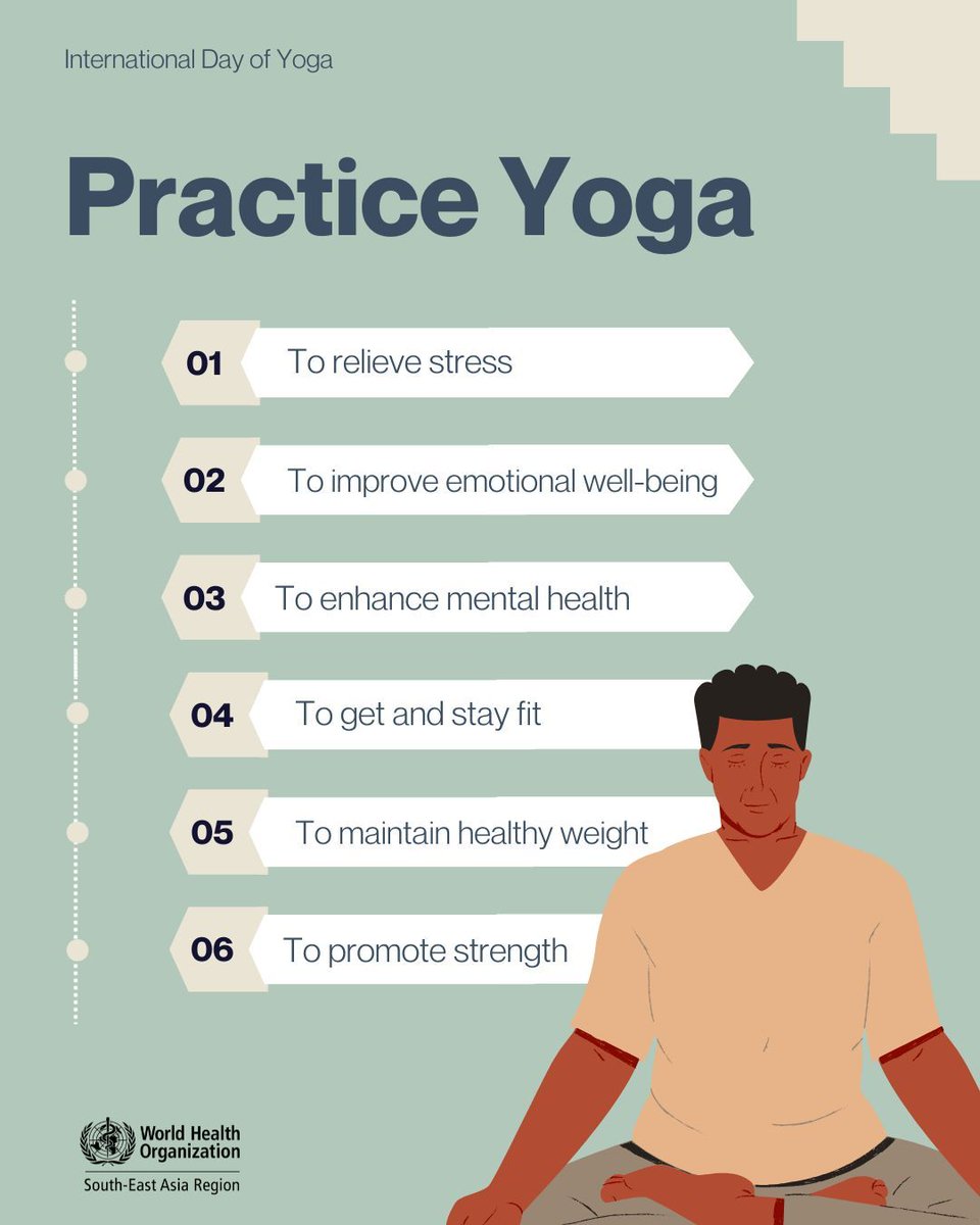 WHOSEARO's tweet photo. 🔟 minutes of #yoga 🧘🏾‍♀️ each day can make a lasting difference.

From reducing stress to improving mental well-being, fitness and strength, yoga supports health at every stage of life.

This #InternationalDayOfYoga, make time for a healthier body and a calmer mind.

#YogaDay #YogaForHealth #HealthForAll