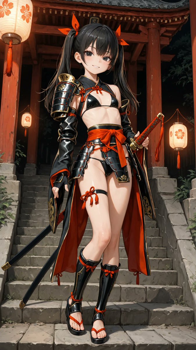 AliceLavli's tweet photo. リクエスト頂いたビキニのサムライの衣装プロンプトをどうぞ✨
samurai bikini outfit, black and crimson color scheme, structured bikini top with metallic gold edging, crossed front straps inspired by samurai armor cords, high-waisted bikini bottom with side ties, short asymmetric waist sash, layered black hip guards resembling miniature kusazuri armor plates, crimson ribbon knots, detached wide kimono sleeves with red inner lining and gold trim, decorative shoulder guards with engraved details, ornate obi-inspired waist belt with braided cords, flowing waist ribbons, traditional katana sheathed at the left hip, black lacquered scabbard with gold fittings, braided crimson handle wrap, sword secured to the waist belt with decorative cords, thigh straps with small tassels, black fingerless gloves, knee-high armored sandals with ribbon accents, gold family crest ornaments, strict color placement, black fabric only for the bikini and detached sleeves, crimson fabric only for inner linings and ribbons, metallic gold only for trims and ornaments, clean panel separation, precise construction, highly detailed stitching, elegant warrior aesthetic