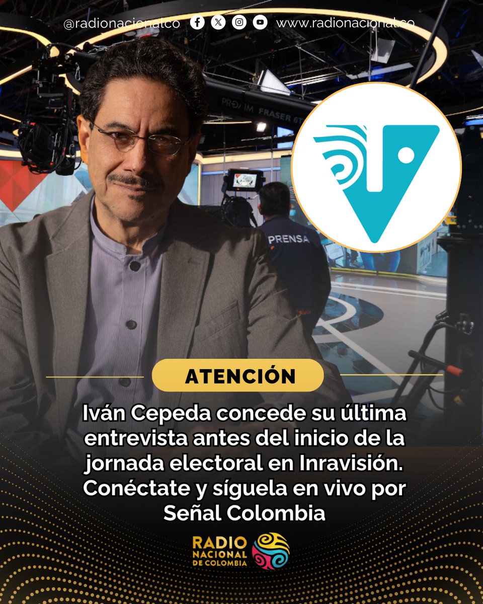 RadNalCo's tweet photo. 🚨🇨🇴 #ATENCIÓN | El candidato presidencial Iván Cepeda estará en minutos en la Sala de Redacción Germán Castro Caicedo para conceder su última entrevista antes de la jornada electoral.

🗳️ Conéctese y siga en directo este diálogo clave previo a las elecciones. https://t.co/Y6brQkZoWO