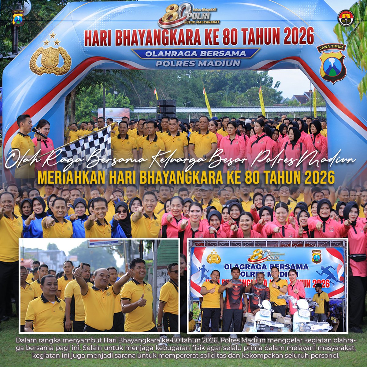 polres_madiun's tweet photo. Semangat kebersamaan mewarnai olahraga bersama keluarga besar Polres Madiun dalam rangka Hari Bhayangkara ke-80 Tahun 2026 sebagai wujud soliditas, sinergi, dan semangat melayani masyarakat.
#HariBhayangkara80 #PolresMadiun #PolriUntukMasyarakat #Soliditas #Presisi https://t.co/AICpEDIIpx