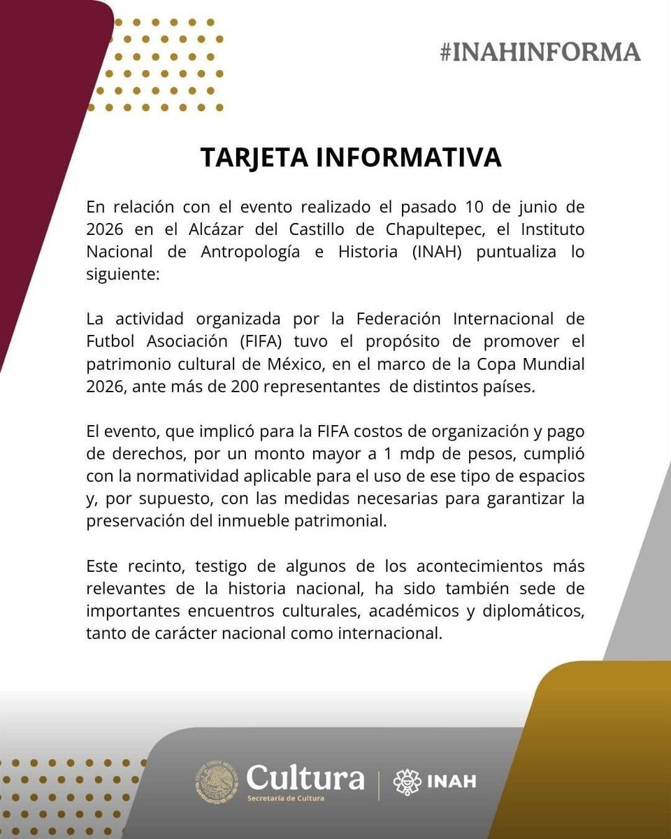 Arouet_V's tweet photo. El @INAHmx enreda más las cosas. De acuerdo con la norma, el evento de la #FIFA en el Castillo de Chapultepec no debió ocurrir. El recinto tampoco es un espacio para celebrar bodas y quince años a precios médicos como promovió @Claudiashein. Pero además, el supuesto costo de renta por más de un millón de pesos no está amparado por ninguna factura. Cuac.