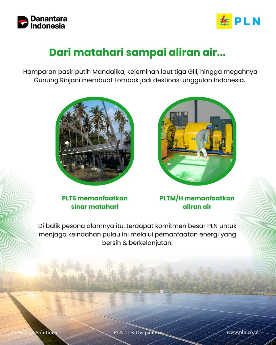 pln_upk's tweet photo. Lombok tak hanya memikat lewat keindahan alamnya, tetapi juga tumbuh bersama energi bersih. PLN UIK Dwipantara mengelola pembangkit EBT yang memanfaatkan potensi matahari dan air untuk mendukung listrik yang berkelanjutan. ⚡🌱
#PLNUIKDwipantara #EnergiBersih #Lombok https://t.co/gbQT5jpE8N