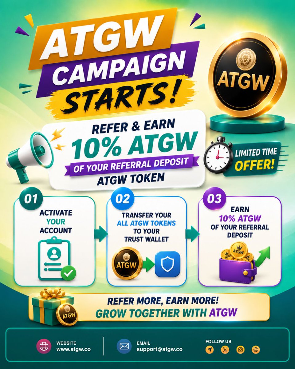 ATGWToken's tweet photo. 🚀 ATGW Refer &amp; Earn Campaign is LIVE!

Earn 10% ATGW Tokens on every referral deposit. 🎁

⏳ Limited Time Offer
✅ Activate your account
✅ Transfer all your ATGW Tokens to Trust Wallet
Start referring today!

🌐 https://t.co/RXYmZcYQgN

#ATGW #ReferAndEarn #CryptoRewards https://t.co/Zv2WG1VEBU