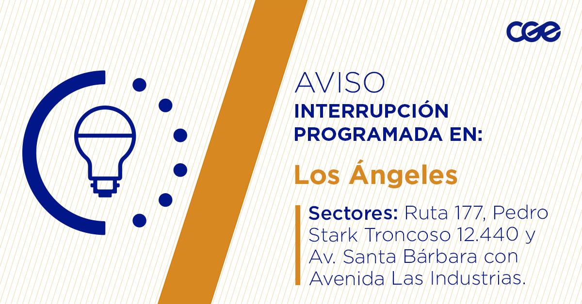 CGE_Clientes's tweet photo. Para mejorar la calidad del suministro de nuestros clientes de #LosÁngeles, este martes, entre 09:00 y 12:00 horas, se realizará una #InterrupciónProgramada (sectores en la imagen 👇) debido a trabajos de mejoras. Recuerda desconectar tus artefactos 🔌 https://t.co/YQOeRyEtTI