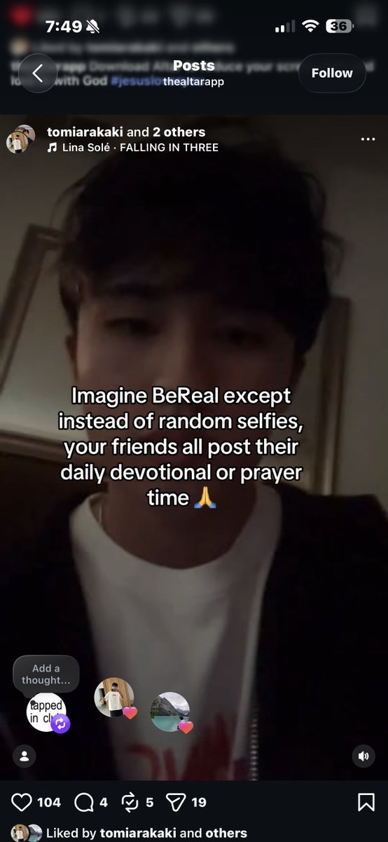 tomiarakaki's tweet photo. the feature i'm most excited about: altar circles. basically @BeReal_App but for reading the bible

a private group of 2 to 12 friends. daily check ins, reactions, replies. no public feed, no followers, just your people making sure you actually opened the bible today

accountability beats willpower