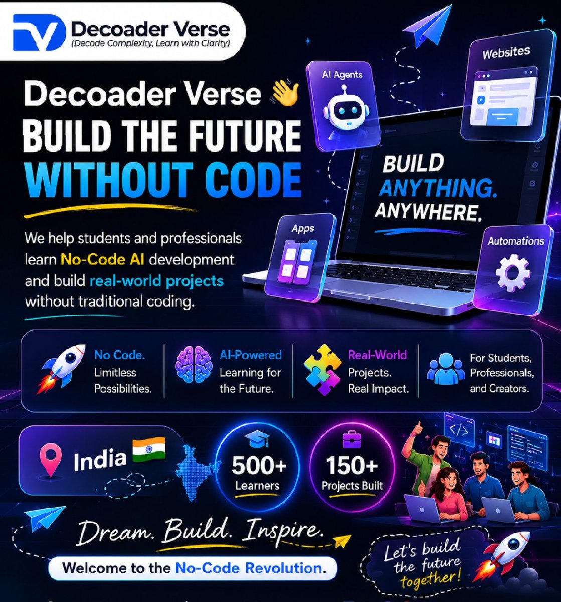 YashStory's tweet photo. Decoader Verse 👋

We help students and professionals learn No-Code AI development and build real-world projects without traditional coding.

📍India 🇮🇳

Always excited to connect with fellow builders and entrepreneurs! 🚀

#Türkiye https://t.co/tH5Bo4kZsP