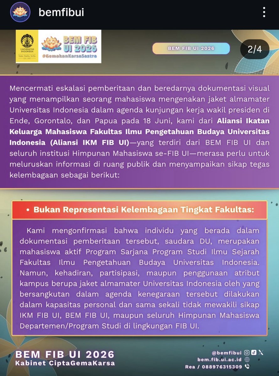 bismillahyuk_'s tweet photo. 🚨 JUST IN: Daffa Ulhaq, Mahasiswa FIB UI yg ikut kunjungan kerja Gibran ternyata TIDAK mewakili organisasi Mahasiswa UI, bahkan tanpa persetujuan &amp; kewenangan FIB UI.

Itu merupakan keputusan pribadi Daffa sendiri.

Wah, pengkhianat kah? Jd Mahasewa? 🤯🫢 #IndonesiaGelap https://t.co/x7oTrbpZQ0