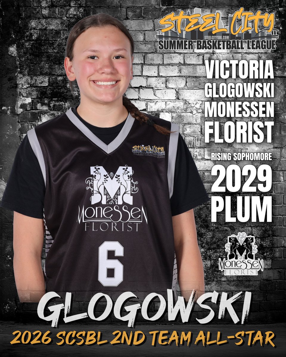 SteelCity_SBL's tweet photo. 🏀 2026 SCSBL Second Team All-Star
Congratulations to Victoria Glogowski #VictoriaGlogowski of Monessen Florist on being named a 2026 SCSBL Second Team All-Star.
Class/School:
• Rising Sophomore / 2029 — Plum
Regular Season:
• 8 GP
• 16.6 PPG
• Monessen Florist: 7–3 | Regular Season 1st Place Finish
All-Star Voting:
• 65 points
• Appeared on 9 ballots
#SCSBL #SteelCitySummerBasketballLeague