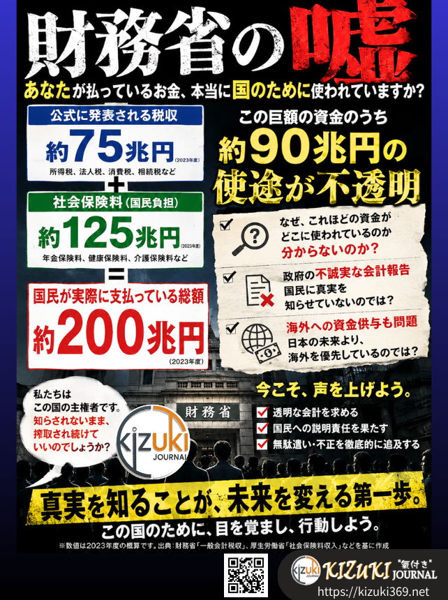 taka_peace369's tweet photo. "財務省の嘘"
公式に発表される税収は約75兆円ですが、これに社会保険料を加算すると、国民が実際に支払っている総額は約200兆円。

この巨額の資金のうち約90兆円の使途が不透明で、天下り先への流用疑惑、説明不足の状態に・・・。国民から半分も搾取している現状に対し、メディアが国民目線で報じない真実を直視すべきだと思います。

政府の不誠実な会計報告や海外へのバラマキも問題です。

国民はいつになったら本気で怒るのでしょうか？？