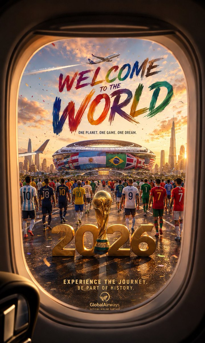 codewithhajra's tweet photo. FIFA World Cup Travel Poster

GPT Image 2 on ChatGPT 

Prompt:
Premium FIFA World Cup inspired travel advertisement poster, cinematic airplane window view framing entire composition, luxury business-class perspective looking out toward a futuristic football stadium in the distance.
Large colorful brushstroke typography reading a welcoming headline across the sky, massive metallic gold year typography positioned in foreground on road surface.
Multiple football players from different nations walking toward the stadium from behind, wearing different national team jerseys, symbolic international unity.
Ultra-modern stadium wrapped with giant national flags, futuristic city skyline surrounding venue, sunset golden-hour lighting.
Luxury travel campaign aesthetic, airplane flying across sky leaving contrail, confetti particles floating through frame, celebration atmosphere.
Photorealistic road leading toward stadium, championship trophy positioned near foreground, premium tourism and sports marketing composition.
Business-class aircraft window frame surrounding scene, luxury airline campaign quality, cinematic lighting, ultra-realistic reflections.
Aspect Ratio: 4:5
Style: Premium Sports Travel Advertisement
Lens: 24mm Wide Angle Lens

Negative Prompt:
cropped players, distorted stadium, blurry typography, bad perspective, low detail, watermark