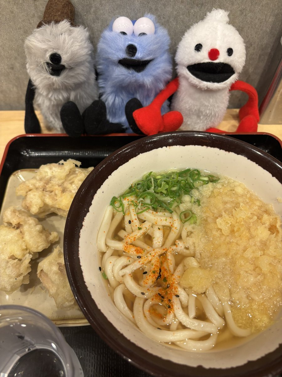 kumanosuke560's tweet photo. 「みんな、今日のお昼ごはんはかけうどんととり天です」

「なるほど。とり天は別皿じゃな」

「とりてん、3つあるねぇ」

「ネギ‼︎うどんのおつゆがすんでてきれいですぅ」 https://t.co/aYrWOJ1YWA
