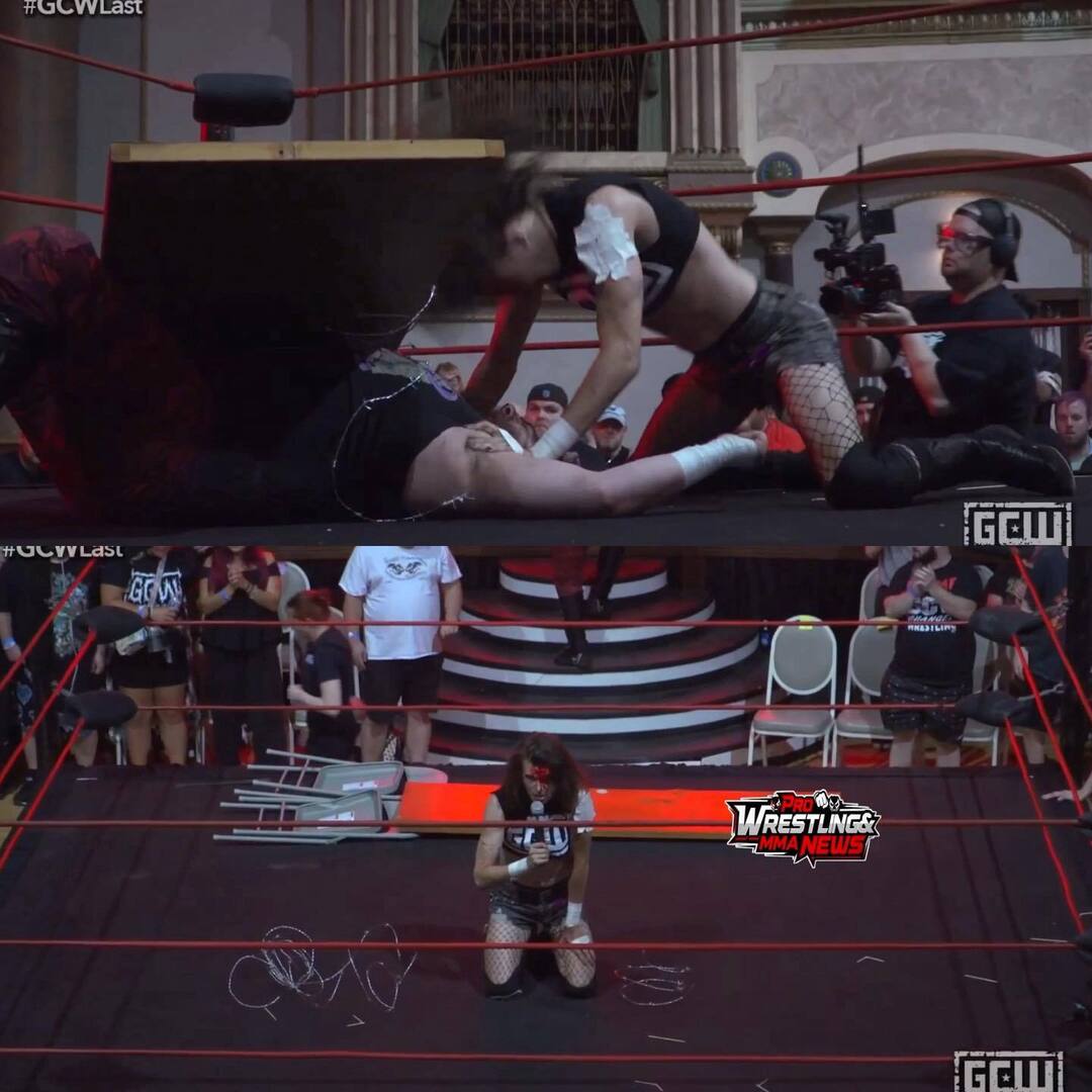 PWMMANews's tweet photo. Anakin Murphy defeated Jimmy Lloyd with a Senton through a barb-wire table. #GCWLast https://t.co/I7e5xPyauB