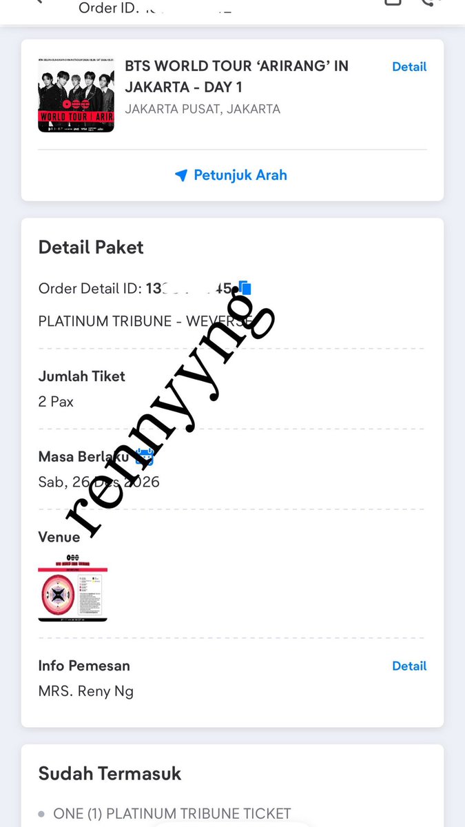 vitriang's tweet photo. Ticket for Sale

BTS ARIRANG TOUR - JAKARTA

Platinum Tribune - Weverse - Day 1 : 1 Tix ✅
Cat 2 - Gen Sale - Day 1: 1 Tix ✅
Platinum Floor D - Weverse - Day 3: 1 Tix ✅

🎫 Diurus sampe tukar wristband
#wts #BTS #BTS_ARIRANG_JAKARTA https://t.co/pOwrIkozAJ
