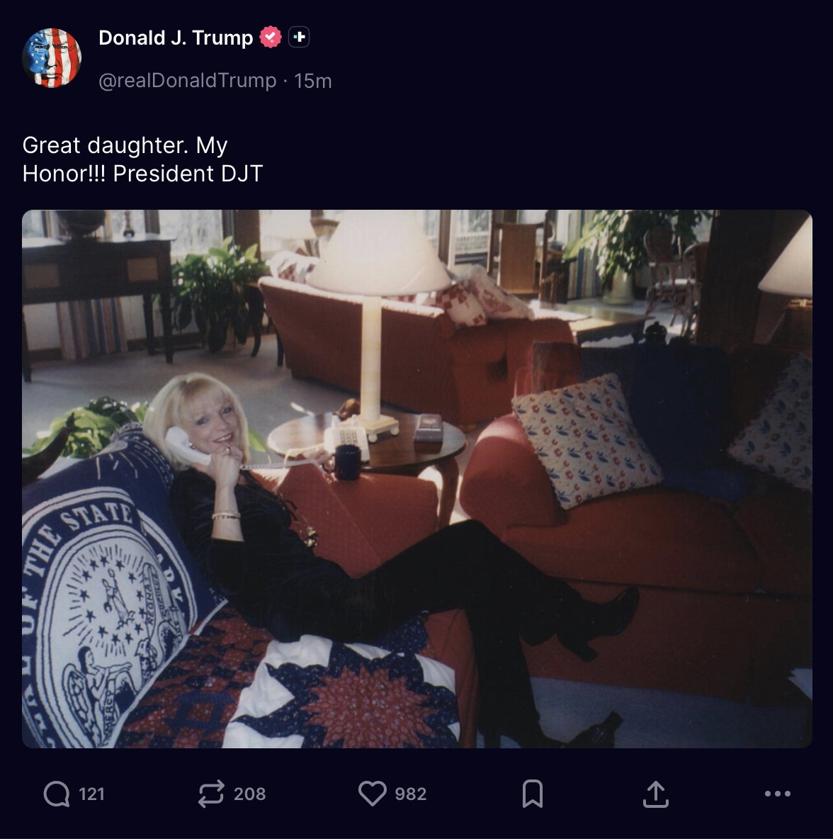 mikeysmith's tweet photo. OK - I think I've solved the mystery...

I'm pretty sure the woman is Margo Catsimatidis, and I think the picture was taken at Camp David (...where Trump is this weekend.) , probably during the Clinton Administration.

cc @atrupar https://t.co/eZpYRuDP5Q