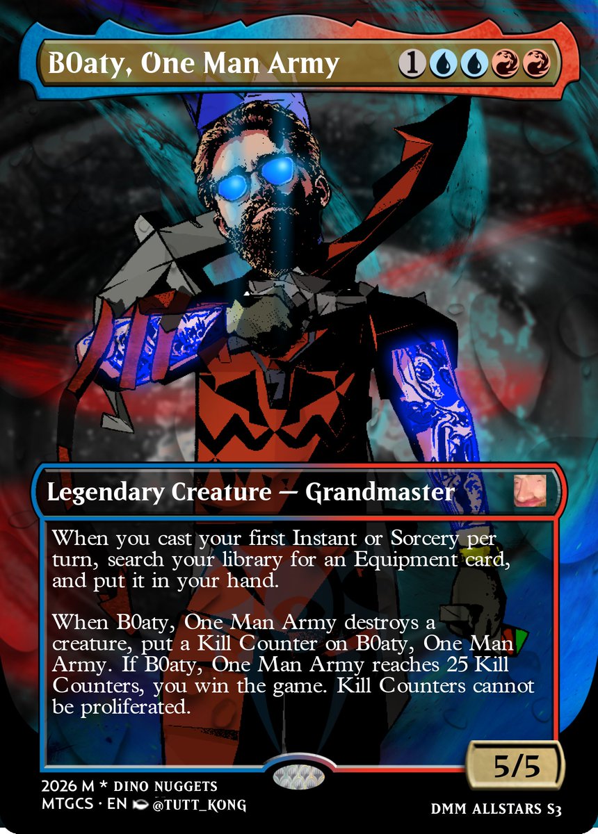 TUTT_KONG's tweet photo. I can finally share the project I've been working on for 2 months!

Custom Magic: The Gathering cards of each of the DMM finalists + Solomission 

Full Google Drive link of all the completed artworks are in the comments below

Tag your favorite finalist! https://t.co/VfbzKaJBJL
