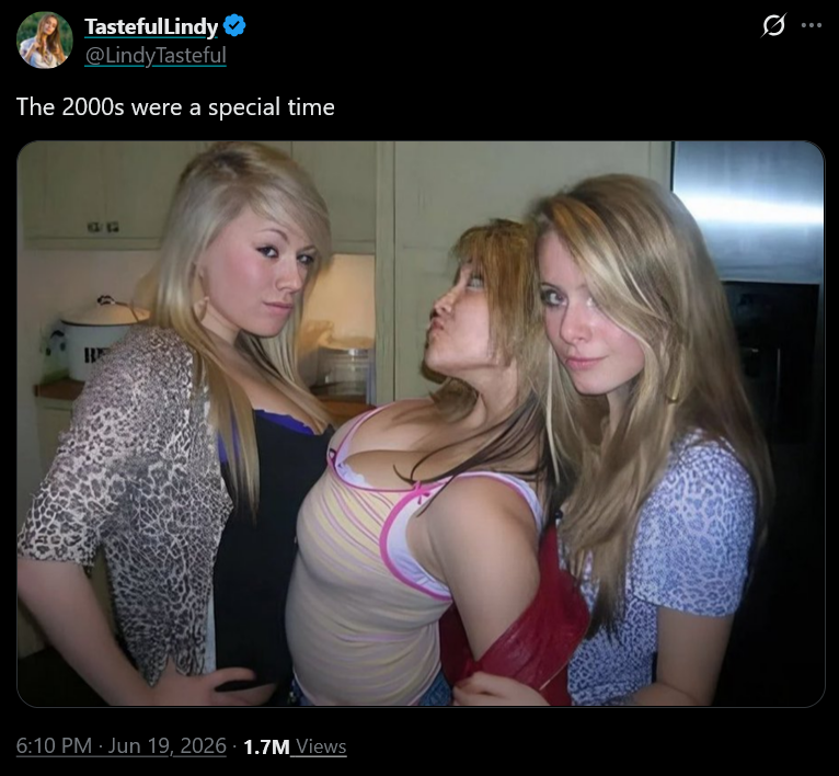 LordIxabert's tweet photo. Oh my dear, really now. We are still *in* the 2000s. The year 3000 is still 974 years away. To speak of the 2000s as if they were some glittering lost age is nostaglia at its most premature & absurd. Pure humbug, in short.

If you mean the years 2000–2009, then I have some good new you: everything is exactly the same today as it was then. People dress just as incompetently, they think exactly the same superficial thoughts, and conduct themselves with the same same-old dead-eyed predictability.

In short, nothing has changed.

The first decade was a very recent, very unmemorable, and distinctly mediocre blur of mundane noise, each year identical to the preceding one, and all of them indistinghuible from the present decade. Merely a vague smear of dull human racket, continuous from 2000 to now. Remove the dates, and no one would mistake 2000-2010 as another era at all. Everything in the cultural atmosphere today was exactly the same back then.

That photograph of three interchangeable young ladies, each indistinguishable from her contemporary counterpart——same dress, same hair styling, same mannerisms, same behaviour——merely confirms that mass culture produces people who are visually & behaviourally continuous across decades.

When people insist that the period possessed some unique charm, some irrecoverable 'specialness' now vanished for  ever, they are not describing a decade at all, but merely themselves. The explanation is always the same: if the past appears to shimmer, it is because youth itself shimmers.And youth throws its flattering light over everything in its vacinity, and converts every ordinary experience into retrospective gold.
