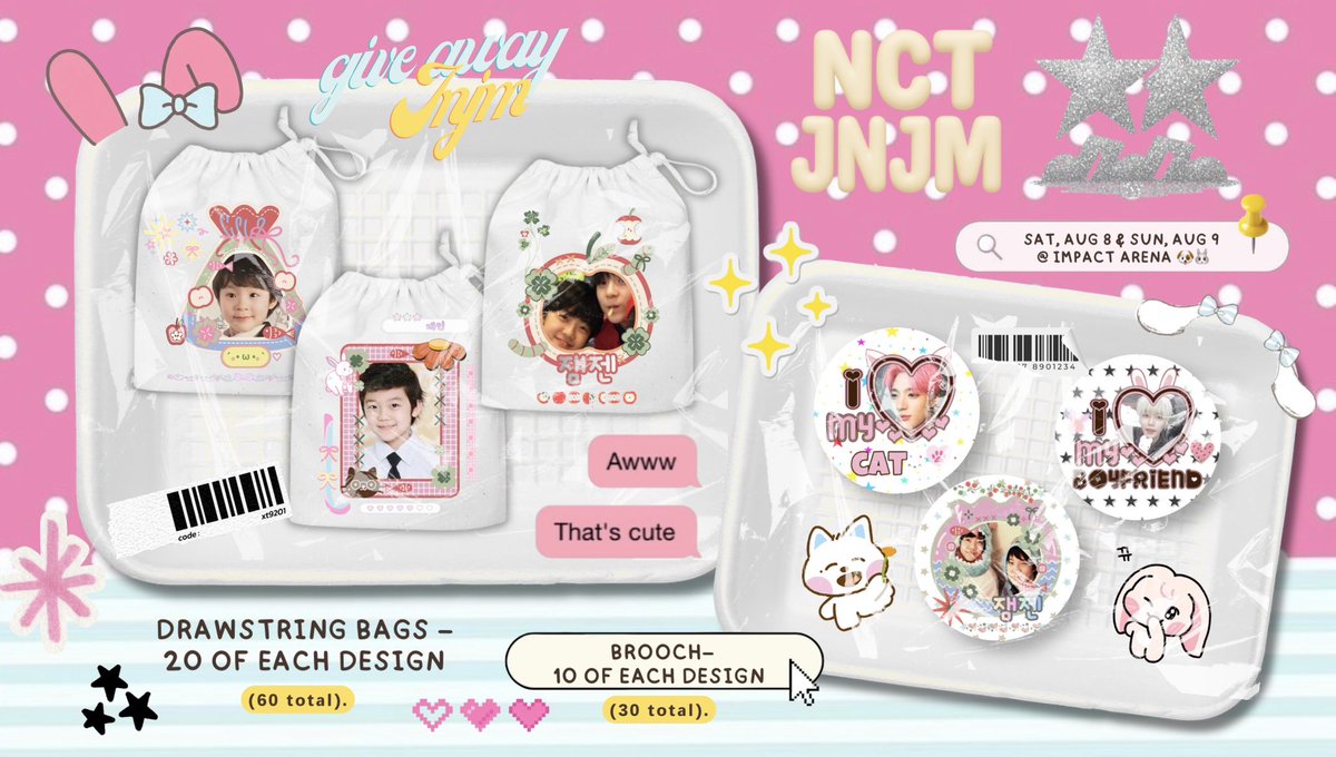 decryjan's tweet photo. 𓂂𓇼 · ˚ pls kindly RT ˚ ⭒ ം ꙳

Giveaway for all JNJM lovers! ᕬ  ᕬ✿  

★ Drawstring bags.
★ Brooch.

         ⋆ ˚｡⋆୨ ʚɞ ୧⋆ ˚｡⋆ 

Location: Impact Arena 
Date: Sat, Aug 8 – Sun, Aug 9 

      ૮₍ ˙О˙₎ა

#NCTJNJM_FANMEETING_TOUR
#NCTJNJM_FANMEETING_TOUR_DUALITY https://t.co/c02dIWpJ7A