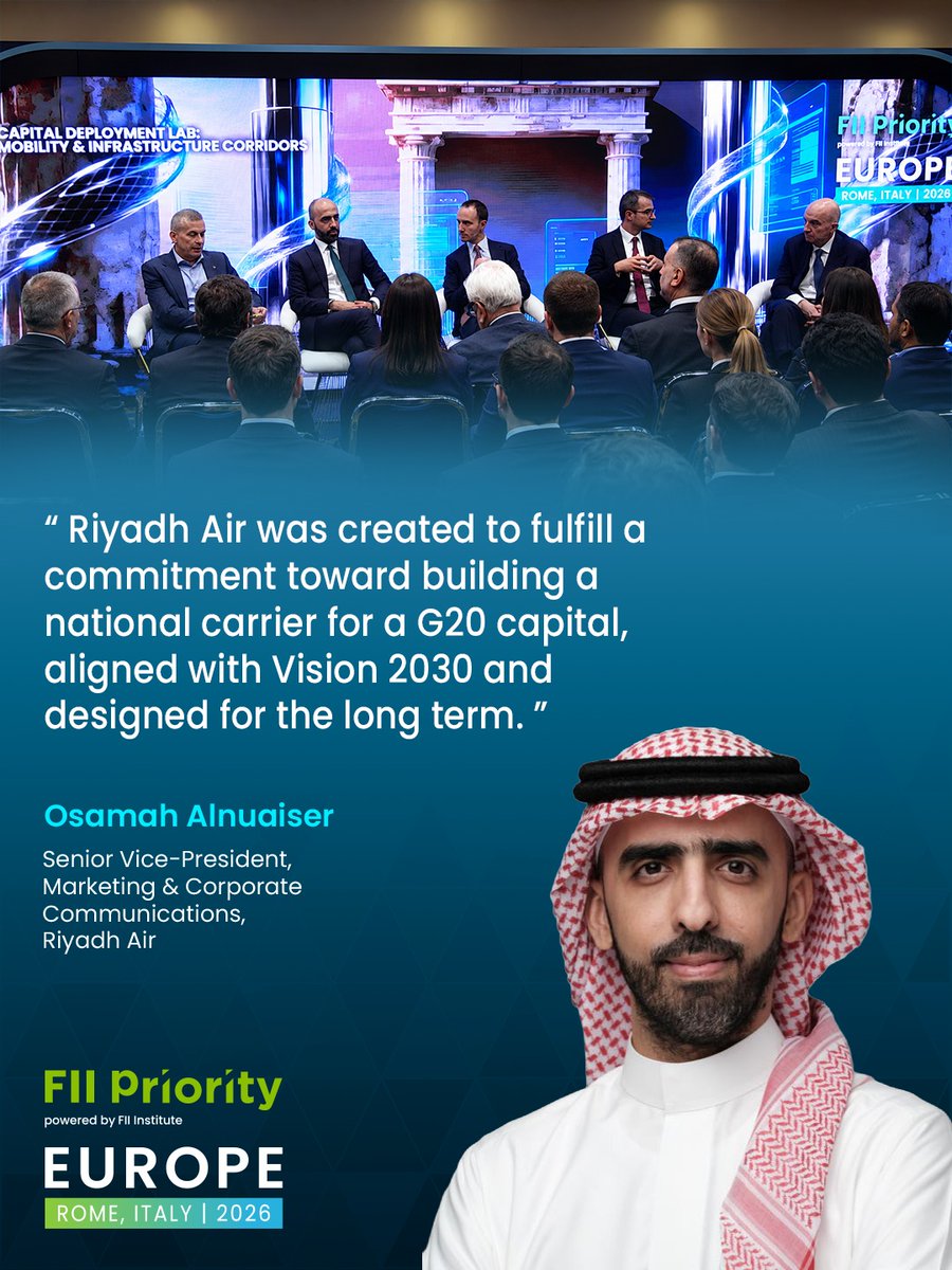 FII_Institute1's tweet photo. As @RiyadhAir expands its commercial network with three routes now live and more rolling out rapidly, the airline is contributing to the acceleration of the aviation sector in line with Saudi Arabia’s Vision 2030.
Osamah Alnuaiser, SVP Marketing & Corporate Communications at Riyadh Air, joined the Capital Deployment Lab at FII Priority Europe: Mobility & Infrastructure Corridors to discuss how aviation, connectivity, and long-term infrastructure investment can support trade, tourism, and economic growth across regions.
#FIIPRIORITY #EuropeReimagined