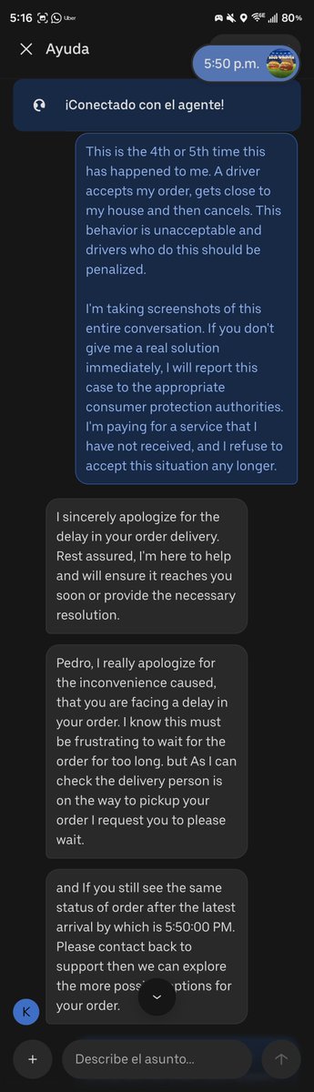 pedro_rodea's tweet photo. @UberEats 5th time this happens. Driver accepts,my order waits 1.5h at the restaurant,then https://t.co/nS9drRWEL0 tells me to wait every time and closes the chat.I pay for Premium and still no solution.This is unacceptable.#UberEats https://t.co/gWFQkem3NT