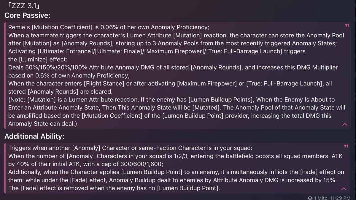 zenlesszoneleak's tweet photo. Remielle’s Core Passive &amp; Additional Ability:

via Seele Leaks https://t.co/7kECnj6Ya3