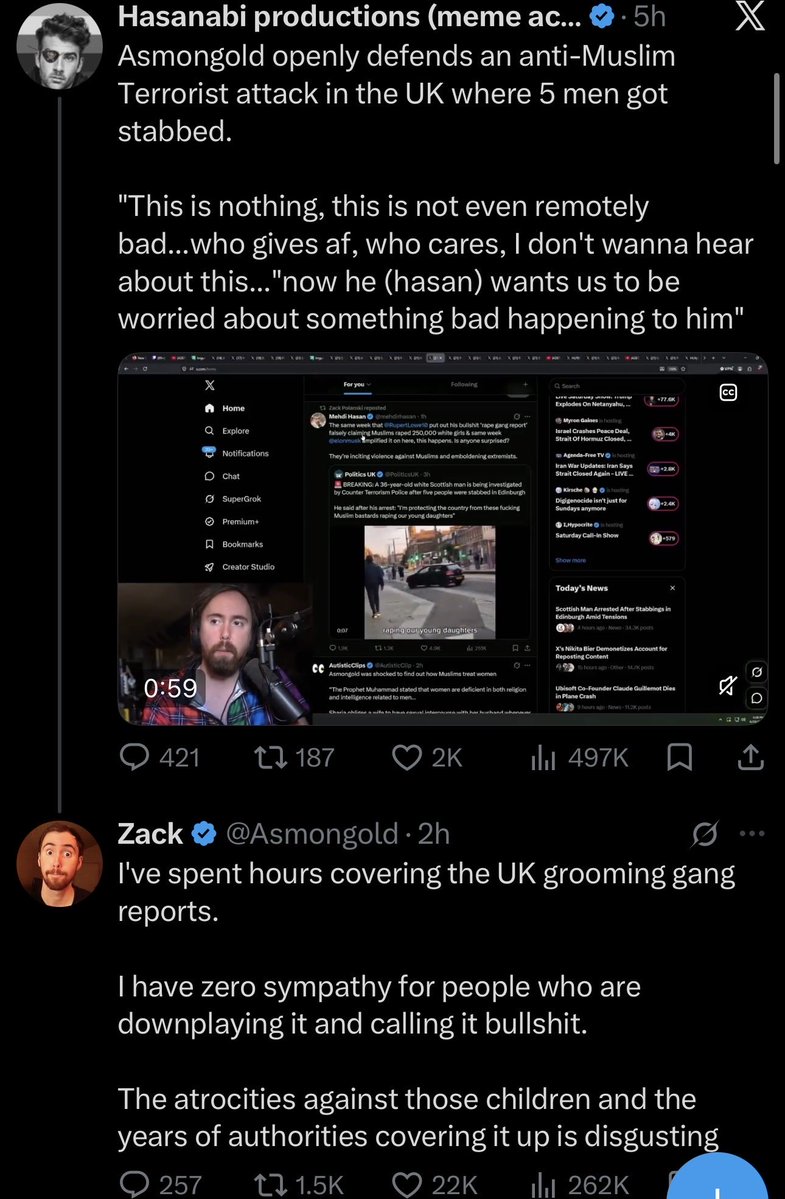 Awk20000's tweet photo. Asmongold says he has zero sympathy for those downplaying the UK R-Gang Inquiry Report after a Hasan fan account went at him

Hasan calls him an Epstein defender in response https://t.co/Kvlc6w8LT7