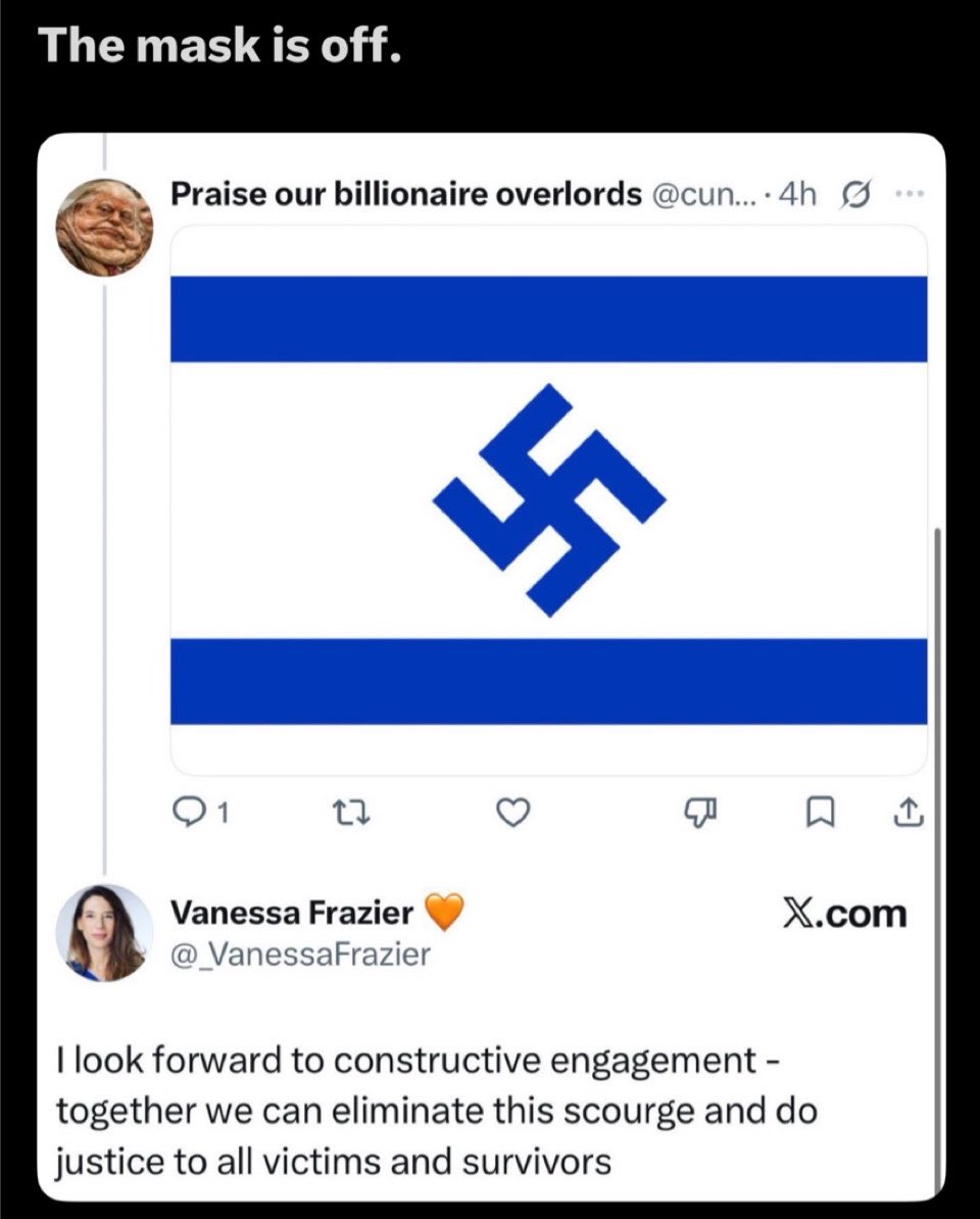 LizaRosen0000's tweet photo. A senior UN official openly vowed to annihilate Israel — in response to a horrific image showing a Nazi swastika replacing the Star of David on an Israeli flag.

This is the United Nations in 2026.
Not “criticism of policy.”
Not “human rights concerns.”
Open, genocidal Jew-hatred — from an official of the very organization created after the Holocaust to “never again.”

The UN doesn’t just tolerate antisemitism.
It celebrates it.

The UN should be shut down immediately. Defunded. Dismantled. Evicted from New York.

Enough is enough.