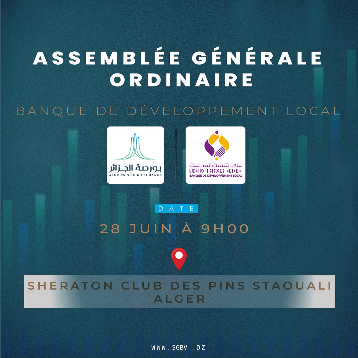 Bourse_Alger's tweet photo. ننوّه إلى علم المساهمين أن الجمعية العامة العادية لبنك التنمية المحلية ستُعقد
📅 يوم28 جوان 2026 في تمام الساعة 09:00 صباحًا
📍فندق الشيراطون، الصنوبر البحري، سطاولي الجزائر العاصمة
#assembléegénéraleordinaire #AGO #AGEX #entrerpise #cotation #actions https://t.co/6AsyBfqeGl