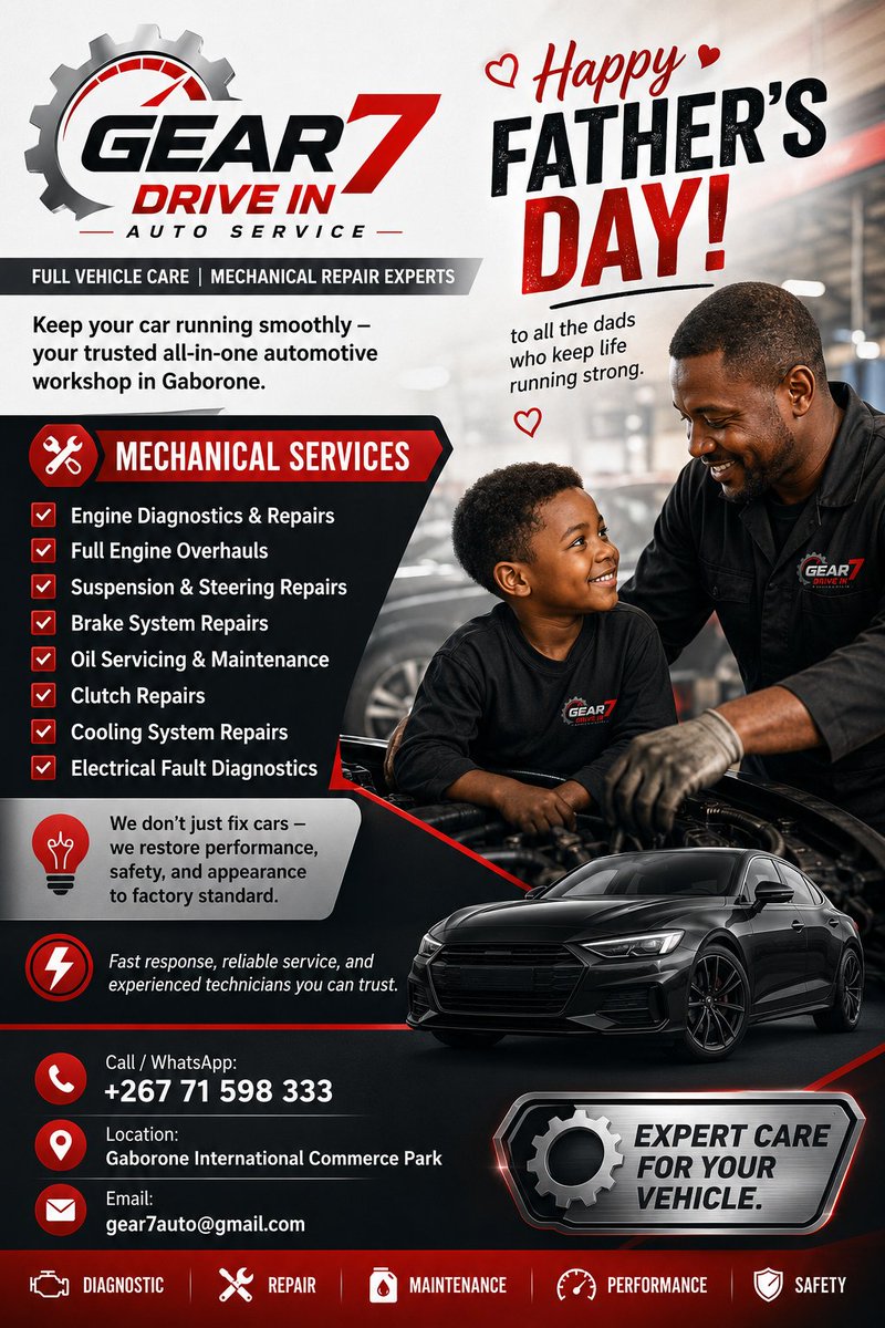 gear7auto's tweet photo. To the fathers who lead, inspire, and stand by their families through every moment — Happy #FathersDay.
#Gaborone #carservice https://t.co/GJHUEClpFp