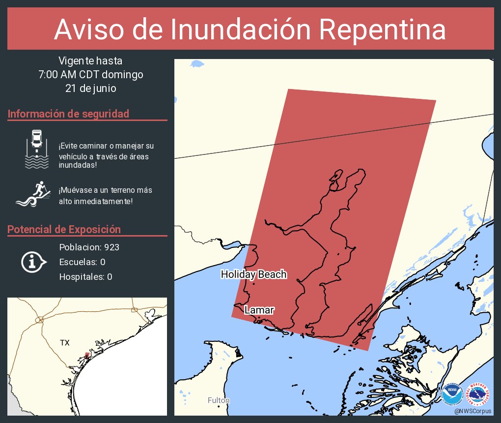 Este gráfico muestra la localización en el mapa de un aviso de inundación repentina. El aviso estará en efecto hasta las 7:00 AM CDT. El aviso incluye a Lamar TX, Holiday Beach TX. El aviso incluye el noreste del condado de Aransas en el sur centro de Texas y el este centro del condado de Refugio en el sur centro de Texas. ¡Evite caminar o manejar su vehículo a través de áreas inundadas! ¡Muévase a un terreno más alto inmediatamente! Hay 923 personas bajo este aviso incluyendo 0 escuelas y 0 hospitales.