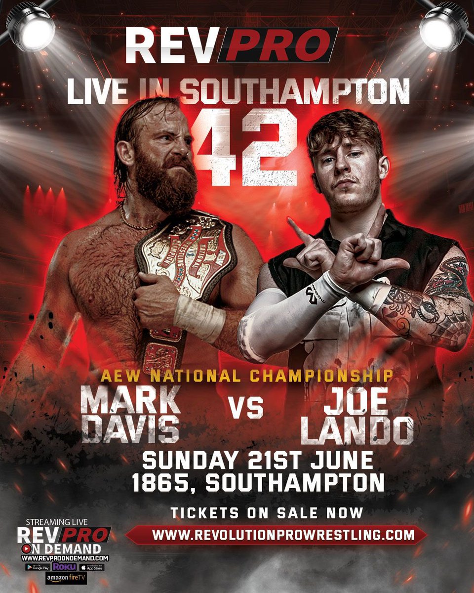 RevProUK's tweet photo. TODAY LIVE IN SOUTHAMPTON 

AEW National Championship 
DAVIS VS LANDO 

Styles make fights 🔥 LFG 🔥 https://t.co/jqI1B0z8va