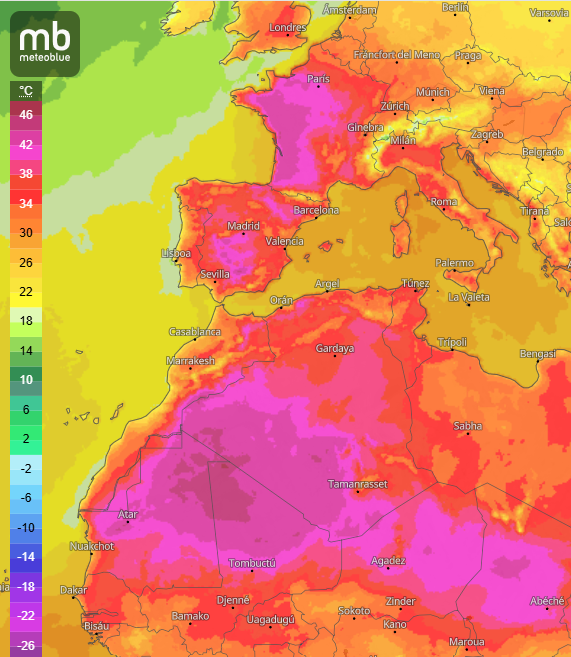 SeguimlaMeteo's tweet photo. França serà una sucursal de les zones més càlides del Sàhara aquests dies. Serà l'epicentre de l'onada de calor que iniciem avui. S'esperen 40/42 ºC en amplis sectors durant almenys 3 o 4 dies. Algun 43 o 44 ºC caurà. Per desgràcia, allà no estan preparats per això. Farà mal. https://t.co/EON065mYkB