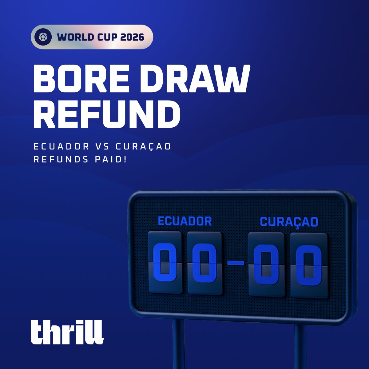 Thrill_com's tweet photo. 🥅 Ecuador and Curaçao finished in a tight defensive gridlock, which means our Bore Draw Refund was officially triggered!

All qualifying players have been paid their cash refund! 💸

Expecting more goalless draws in the upcoming matches? 

Learn more 👇
https://t.co/Nn55stUSG7

🔁 RT + drop your Thrill username for a chance to win a $10 cash drop.

🎁 10 winners × $10