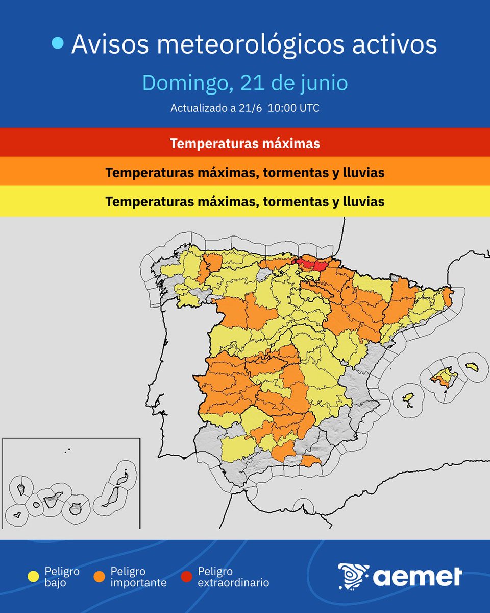 AEMET_Esp's tweet photo. 🟠 Peligro importante este domingo: temperaturas superiores a 39-40 °C en amplias zonas de la Península y Mallorca.

🟠 Tormentas muy fuertes en el este de Galicia y oeste de Asturias.

🔴 Peligro extraordinario en interior de Bizkaia y Gipuzkoa: más de 40 °C también el lunes. https://t.co/8IC6ygCFVd