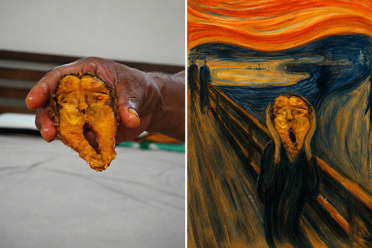 damnitrahul's tweet photo. I accidentally found The Scream hiding inside my fried fish https://t.co/oGiV7lxD5G