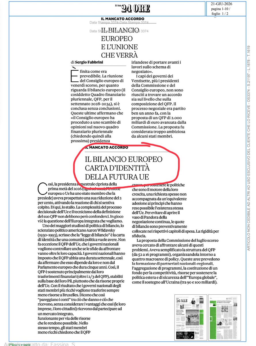 StefanoFassina's tweet photo. Il bilancio finanziario di una comunità politica, nazionale o sovranazionale, è la sua Carta di Identità. Quindi, ha ragione il prof Sergio Fabbrini a sostenere oggi, nella sua rubrica domenicale @sole24ore , che “un’Unione di 450 milioni di cittadini non può funzionare con un QFP (il bilancio dell’Ue) dell’1% del Pil”. Anche perché, le modifiche proposte (imposte?) alla Commissione nazionalizzano la metà di quelle misere risorse. In tale quadro, che senso ha, caro prof, continuare a invocare ritualmente quello che sarebbe necessario fare, ossia un significativo innalzamento della capacità di spesa, di imposizione diretta e di debito comune Ue, quando è una prospettiva completamente fuori dalla realtà alla quale anche i governi sedicenti “più europeisti” (francese e tedesco in primis) si oppongono? Non sarebbe ora di accantonare le favole degli Stati Uniti d’Europa, dei voti a maggioranza su politica estera e difesa e incominciare a discutere di come attivare cooperazioni tra democrazie nazionali con interessi compatibili? Sopratutto, in tale quadro, non sarebbe prioritario evitare ulteriori danni geopolitici e sociali, quindi archiviare ogni impegno ad ulteriore allargamento dell’Unione?

#ue #Europa