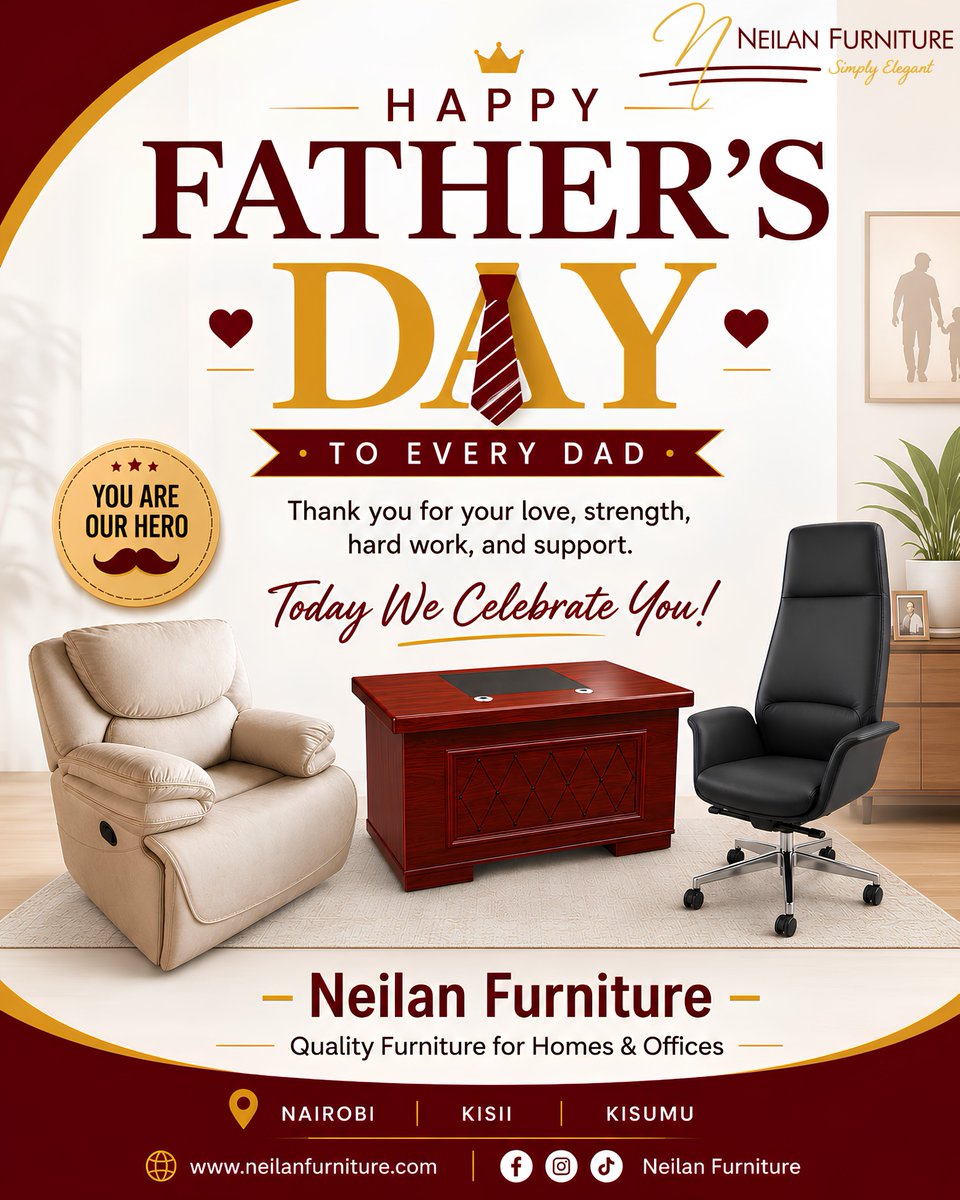 NeilanFurniture's tweet photo. 👔💙 Happy Father's Day to all the amazing dads! Thank you for your love, strength, and dedication.

Celebrate Dad in comfort and style with quality furniture from Neilan Furniture.

📍 Nairobi | Kisii | Kisumu
🌐 https://t.co/BpV3Vx9zkl

#HappyFathersDay #NeilanFurniture https://t.co/ZLpmzh205g