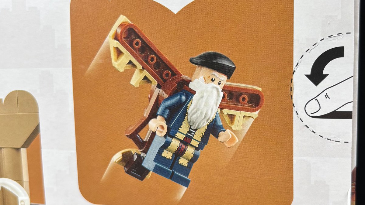 LEGOdouMoko's tweet photo. 購入特典のレオナルド・ダ・ヴィンチのレゴが届いたんだけど、オーニソプター(羽ばたき機)と合体してスカイ・ダ・ヴィンチになれるの激アツ https://t.co/r2ebc2mSYm