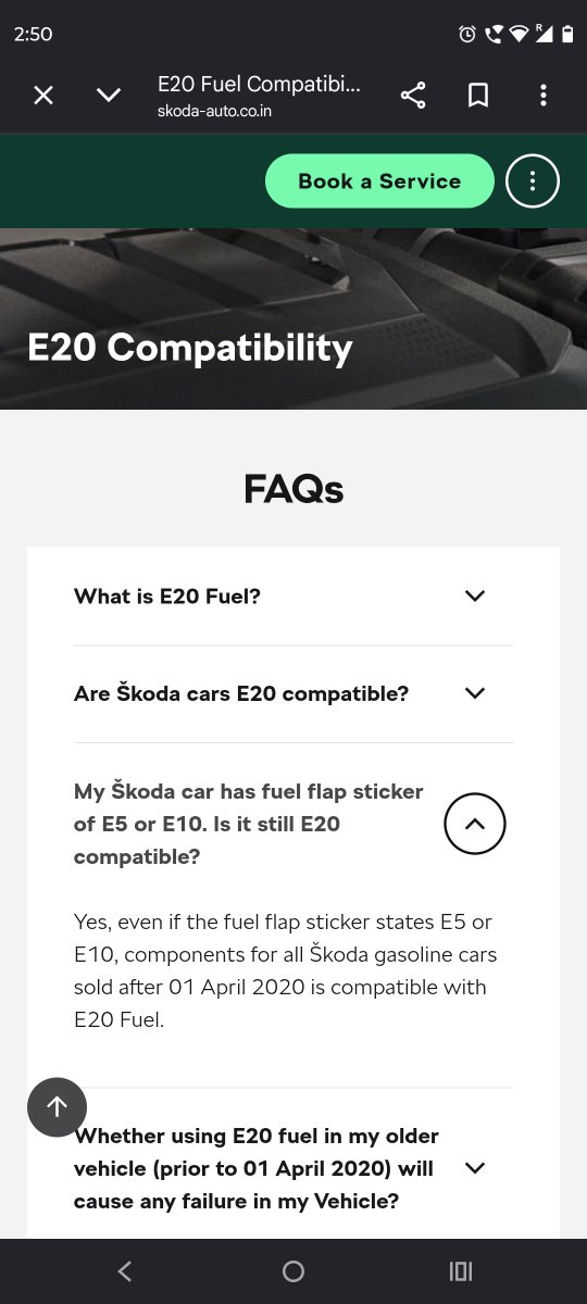 NeerajKunte's tweet photo. @volklub Yes, I also had the same question, but Skoda website says as attached in screenshot. 
They say Vehicles made after 1 April 2020 are compatible with E20 fuel even though their lid says E10. https://t.co/DOLBqtn0wv
