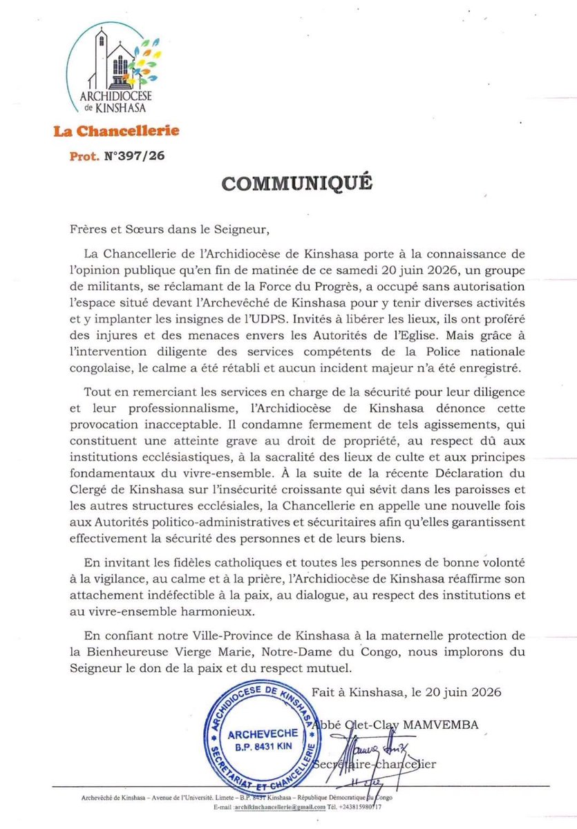 KimKimuntu's tweet photo. L'Archidiocèse de Kinshasa porte à la connaissance de l'opinion publique qu'en fin de matinée de ce samedi 20 juin 2026, un groupe de militants, se réclamant de la Force du Progrès, a occupé sans autorisation l'espace situé devant l'Archevêché de Kinshasa pour y tenir diverses activités et y implanter les insignes de l'UDPS. 

Invités à libérer les lieux, ils ont proféré des injures et des menaces envers les Autorités de l'Eglise. Mais grâce à l'intervention diligente des services compétents de la Police nationale congolaise, le calme a été rétabli et aucun incident majeur n'a été enregistré.

#AARON #MUKWIZ