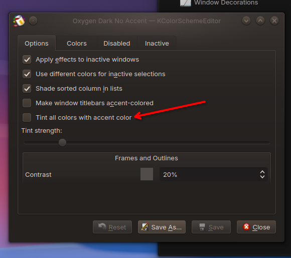 BrodieOnLinux's tweet photo. To any possible KDE Oxygen experimenters, disable this in the Oxygen colours configuration if you don't want your windows to use your accent colour https://t.co/rxQLjXYhz7