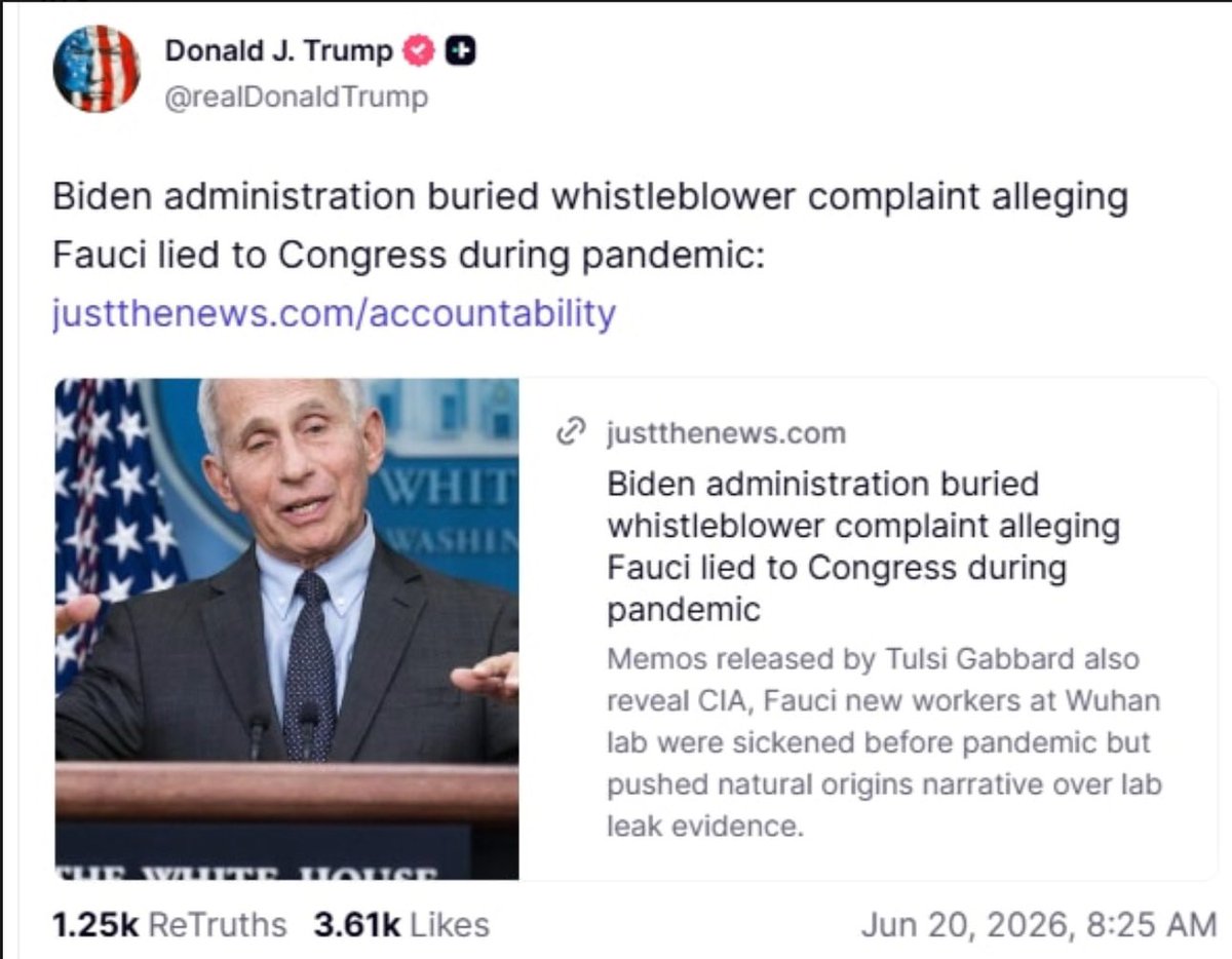 wenbei2022's tweet photo. 🇺🇸#特朗普 总统引用了 justthenews 的文章，提到了 #加巴德 的报告，#福奇 资助 🇨🇳#武汉病毒研究所 做有害的功能增强研究并加以掩盖，向国会撒谎。拜登政府掩盖举报人投诉。Gabbard 发布备忘录还揭示了 #中央情报局、福奇，武汉实验室新员工在大流行前生病，推动自然起源的叙述而不是实验室泄漏证据 https://t.co/Hb9POEhrx3