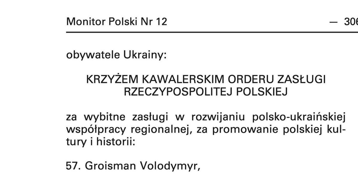 VGroysman's tweet photo. W 2011 roku, będąc prezydentem Winnicy, otrzymałem Krzyż Kawalerski Orderu Zasługi Rzeczypospolitej Polskiej za rozwój współpracy regionalnej z polskimi miastami.

To odznaczenie ma dla mnie osobiste znaczenie. Dlatego decyzja o jego zwrocie jest również osobista.

Zwracam order jako wyraz solidarności z Ukrainą i Prezydentem Zełenskim. Nie z urazy do narodu polskiego, lecz z głębokim szacunkiem dla niego i wdzięcznością za wszystkie lata wsparcia, za miliony Polaków, którzy otworzyli swoje serca i domy dla naszych ludzi po 24 lutego.

Każdy naród ma prawo do swojej historii i swoich bohaterów. To prawo jest święte - zarówno dla Ukrainy, jak i dla Polski. Możemy inaczej patrzeć na przeszłość i jest to normalne między sąsiadami, których łączy tak głęboki i skomplikowany wspólny los. Ale przeszłość nie może być ważniejsza od wspólnej przyszłości.

Jest coś, co nie podlega dyskusji: dziś trwa wojna. Prawdziwym wrogiem jest rosja. I dopóki ta wojna trwa - nie możemy pozwolić sobie na spory o przeszłość. Tego właśnie chce moskwa: żeby Warszawa i Kijów patrzyły nie do przodu, lecz wstecz.

Winston Churchill powiedział kiedyś: „Jeśli będziecie kłócić się z przeszłością, stracicie przyszłość”.

Ukraina i Polska są strategicznymi sojusznikami. Nie dlatego, że zapisano to w deklaracjach. Dlatego, że nasze bezpieczeństwo, nasza wolność, nasze miejsce w Europie - są nierozdzielne.

Mój order wraca. Ale mój szacunek dla narodu polskiego - pozostaje.